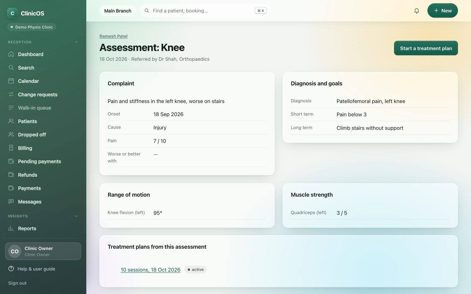 Physio assessment for a knee with pain, range of motion and strength