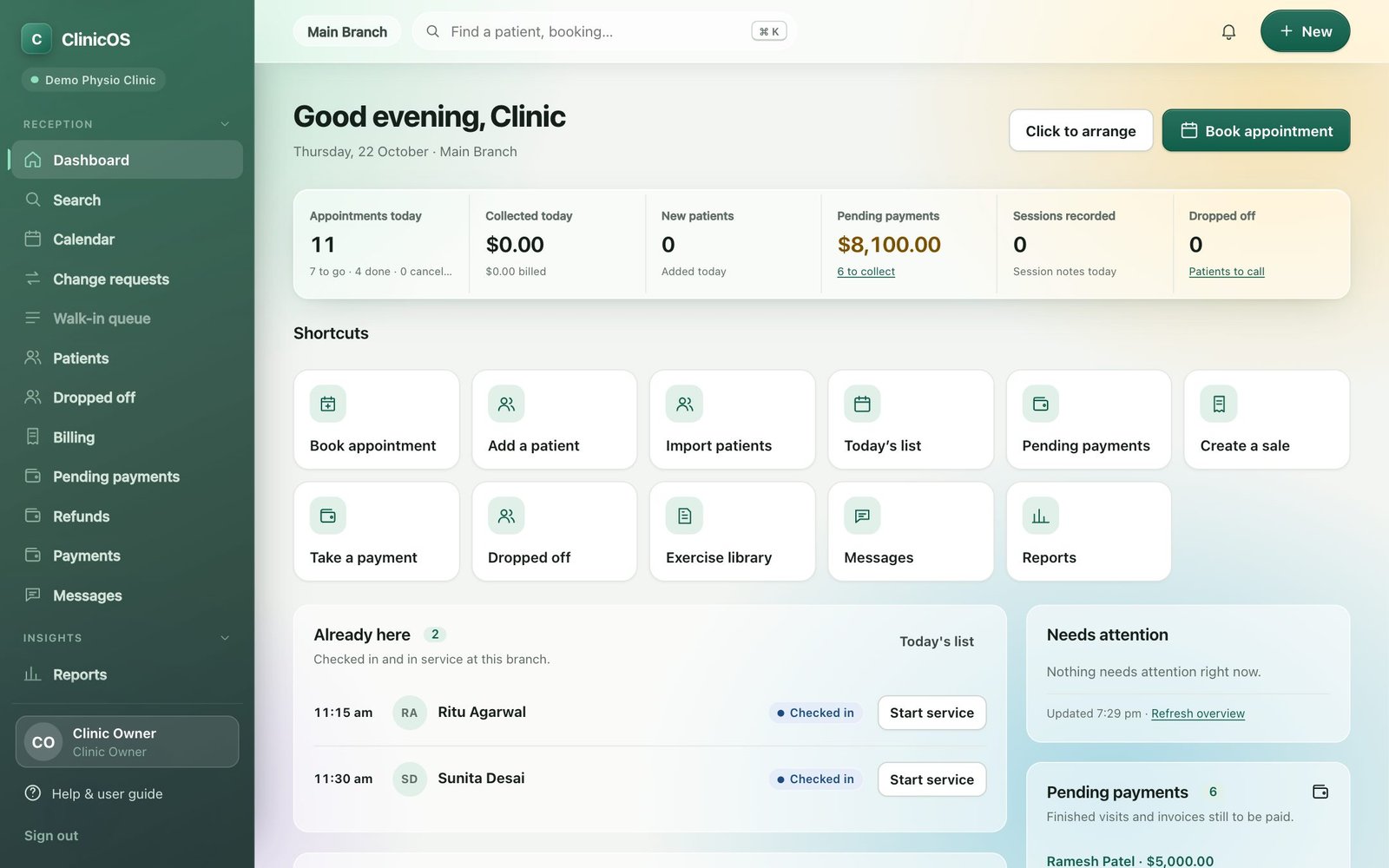 ClinicOS dashboard showing today’s appointments, collections and shortcuts