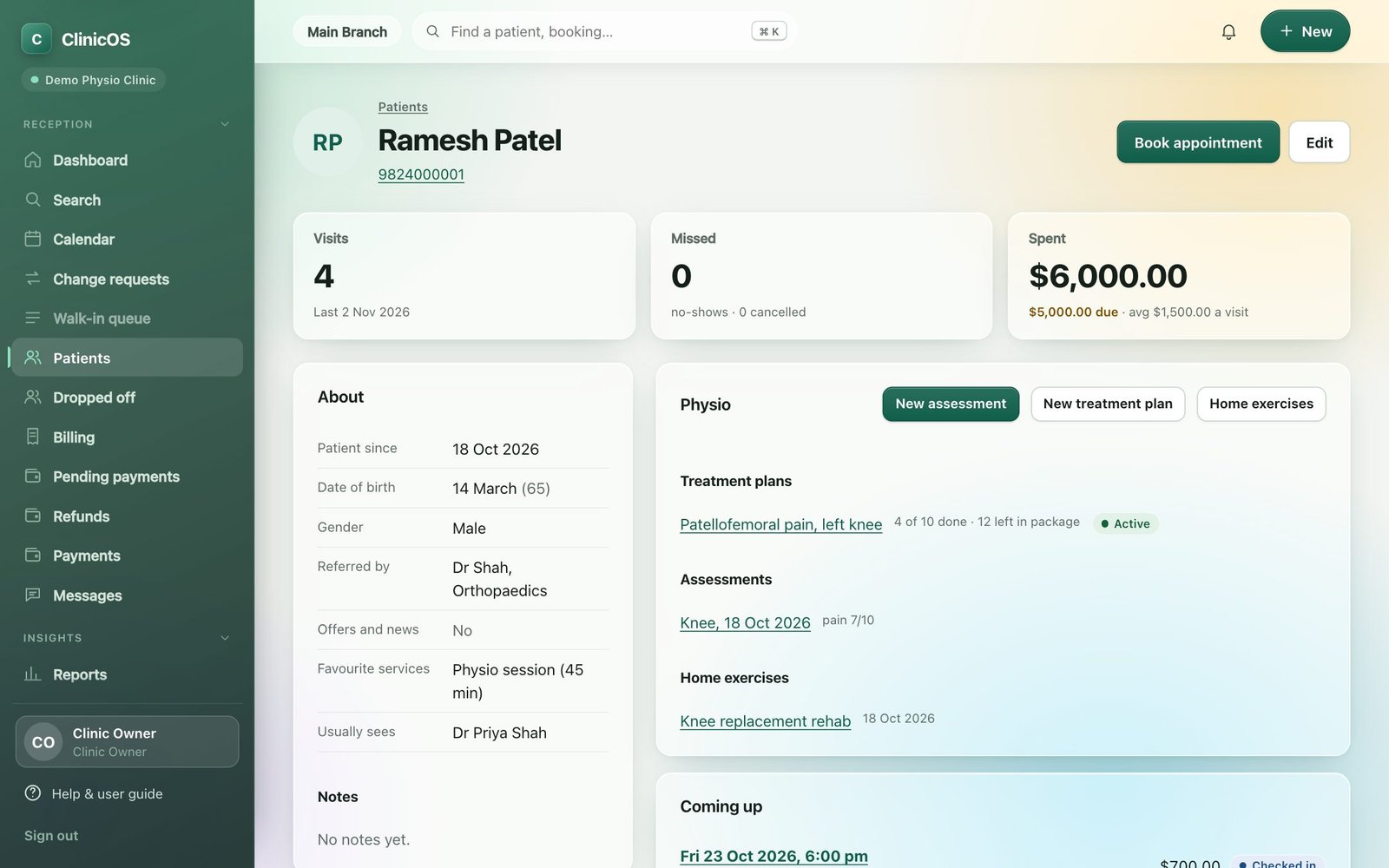Patient page with visits, spend and physio sections