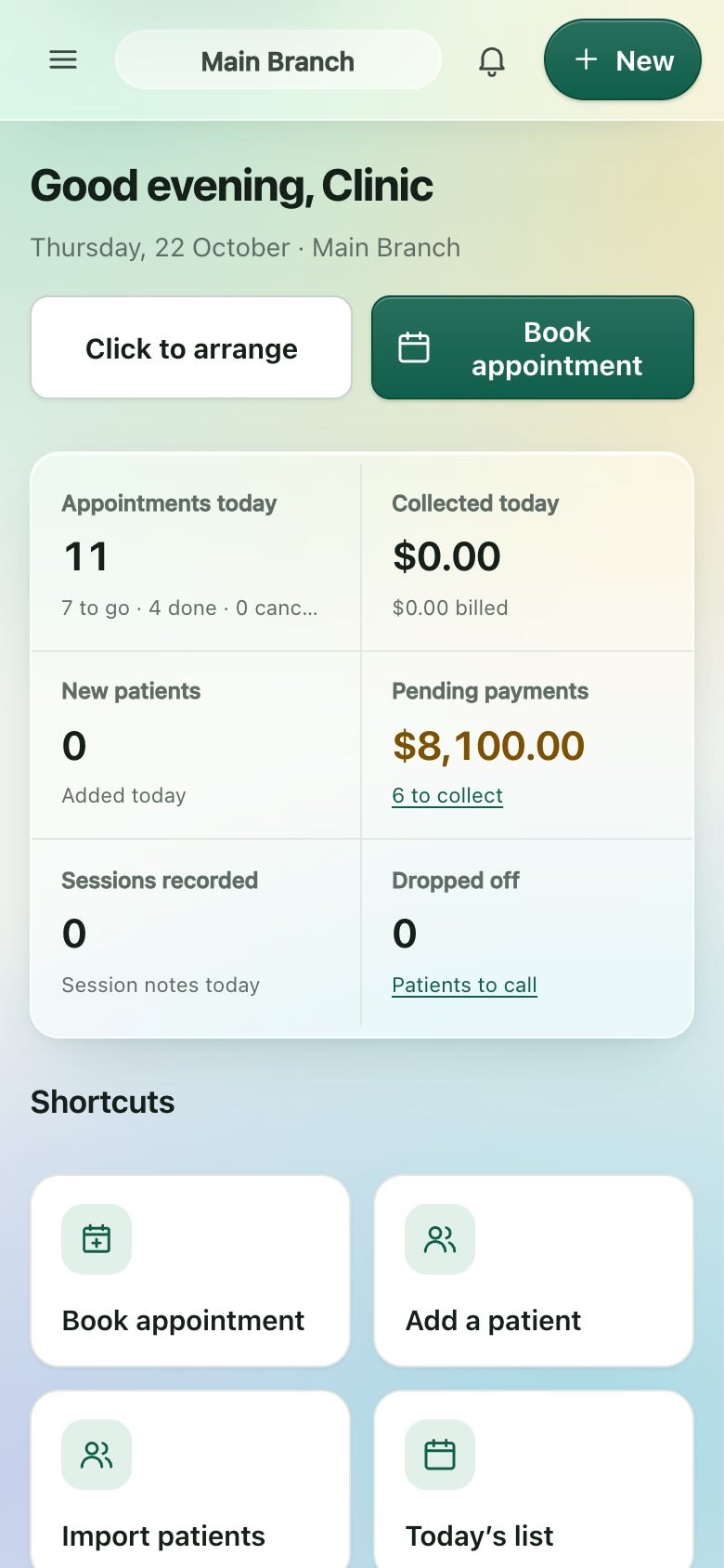 ClinicOS dashboard on a phone