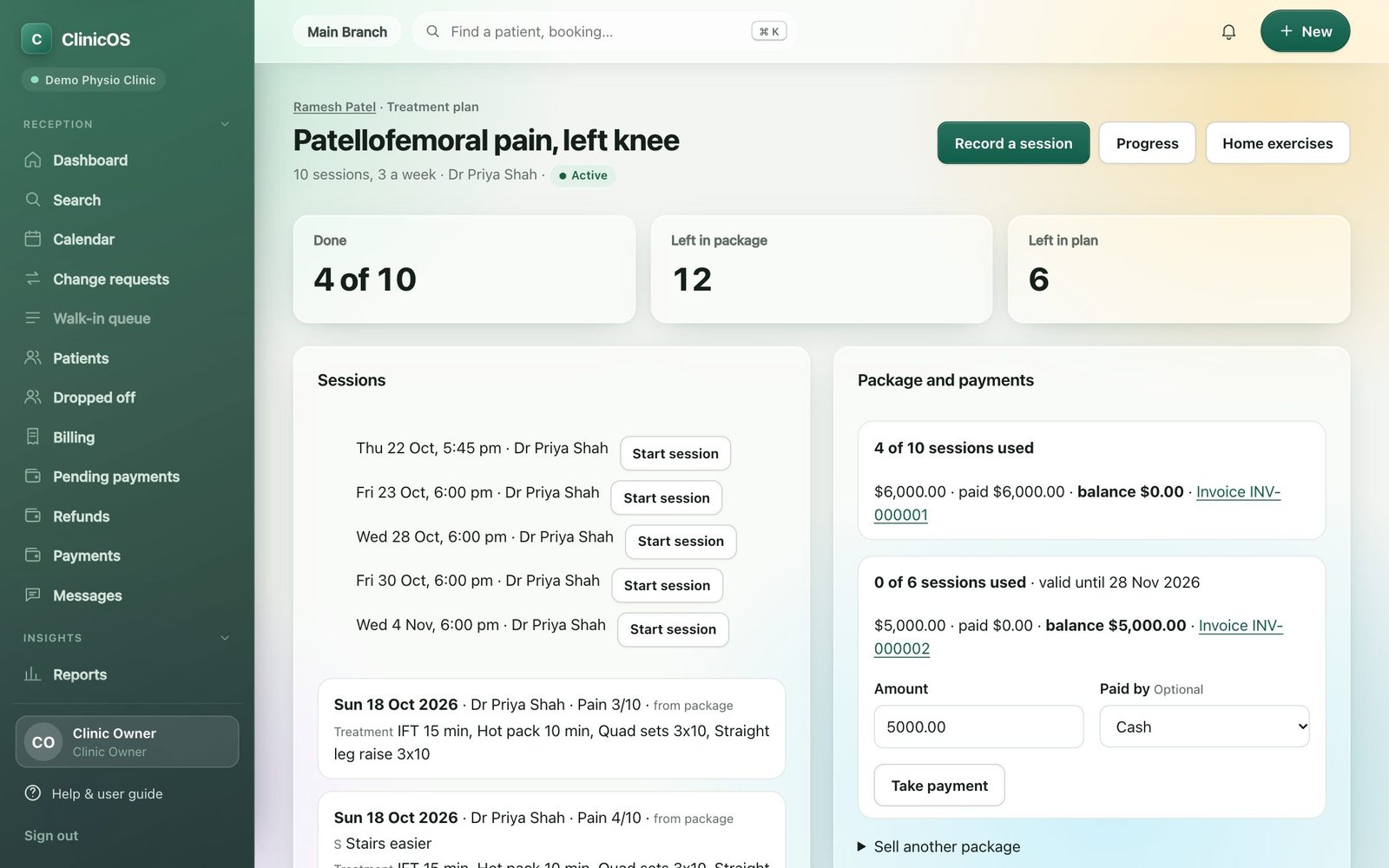 Treatment plan showing sessions done, package balance and take payment