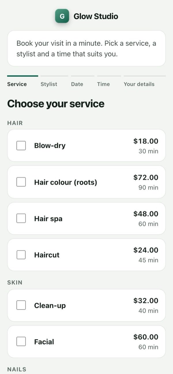 The online booking page on a phone, listing services with prices and durations (sample salon).
