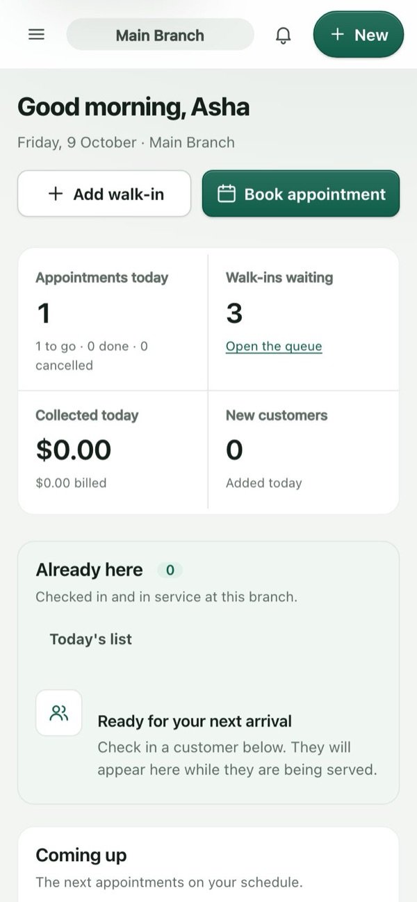 The SalonOS reception dashboard on a phone (sample data).