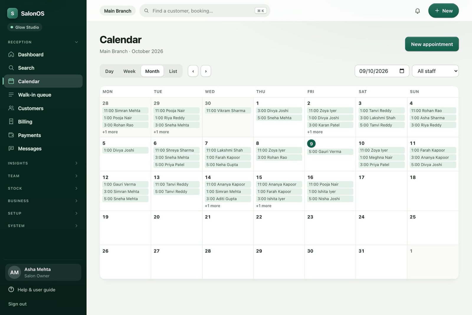 The SalonOS calendar in month view with each day’s appointments, colour-coded by status.