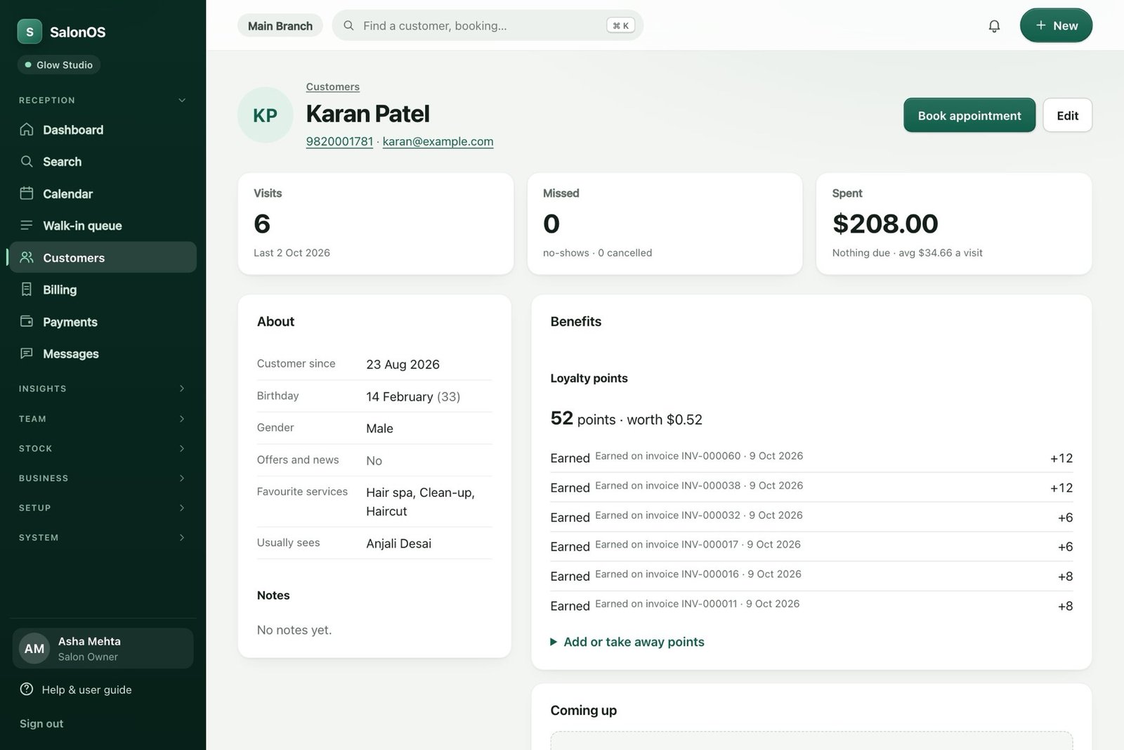 A SalonOS client profile showing visits, missed appointments, total spent and loyalty points with their history.