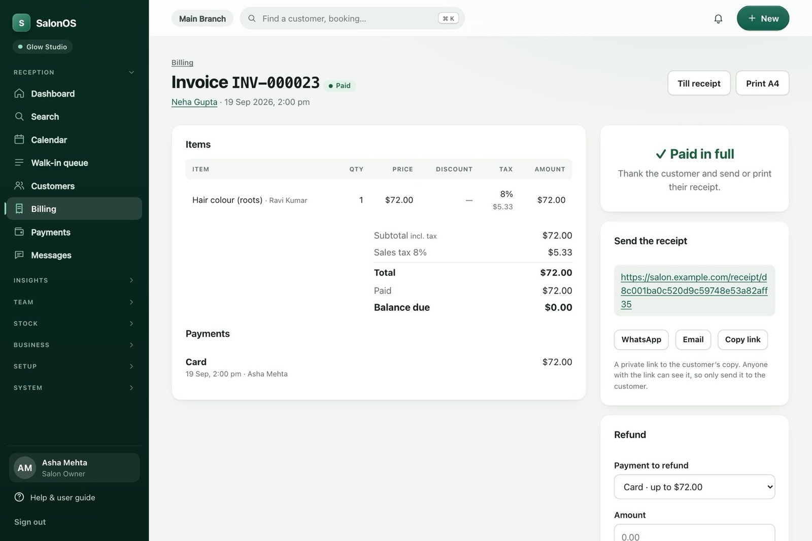A paid SalonOS invoice with sales tax shown, the payment taken by card, and options to send the receipt.