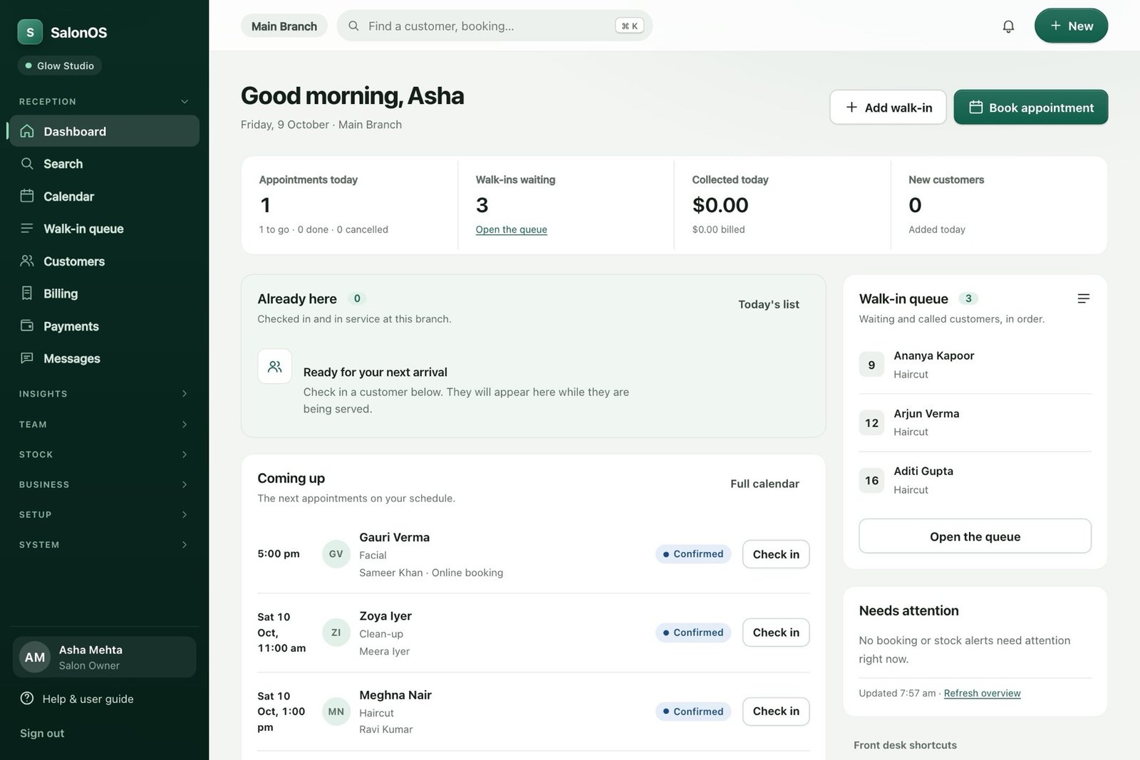 The SalonOS reception dashboard: appointments today, walk-ins waiting, collected today and the next arrivals, shown with sample data.